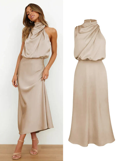 Camila - Vestido largo satinado con cuello drapeado para mujer