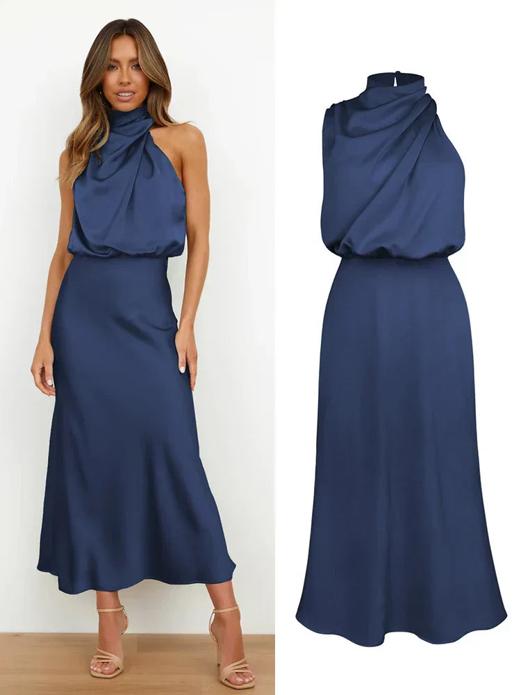 Camila - Vestido largo satinado con cuello drapeado para mujer