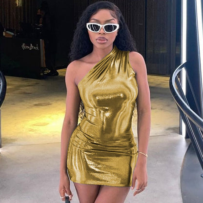 Camila - Vestido corto brillante asimétrico de un hombro mujer