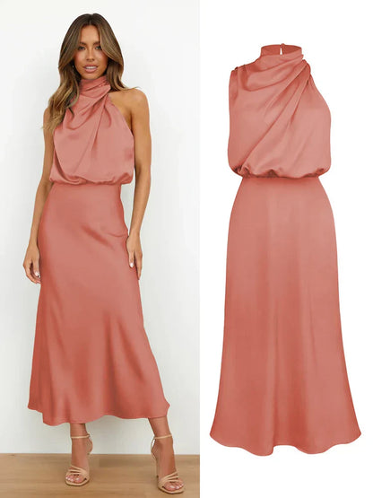 Camila - Vestido largo satinado con cuello drapeado para mujer