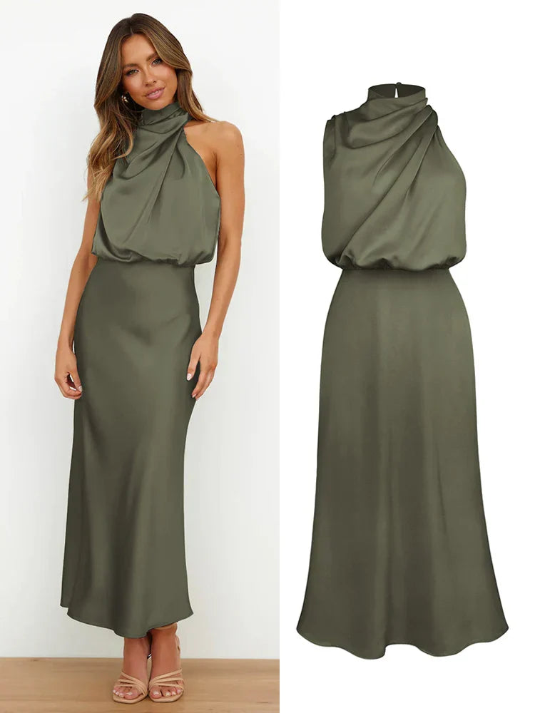 Camila - Vestido largo satinado con cuello drapeado para mujer