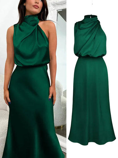 Camila - Vestido largo satinado con cuello drapeado para mujer