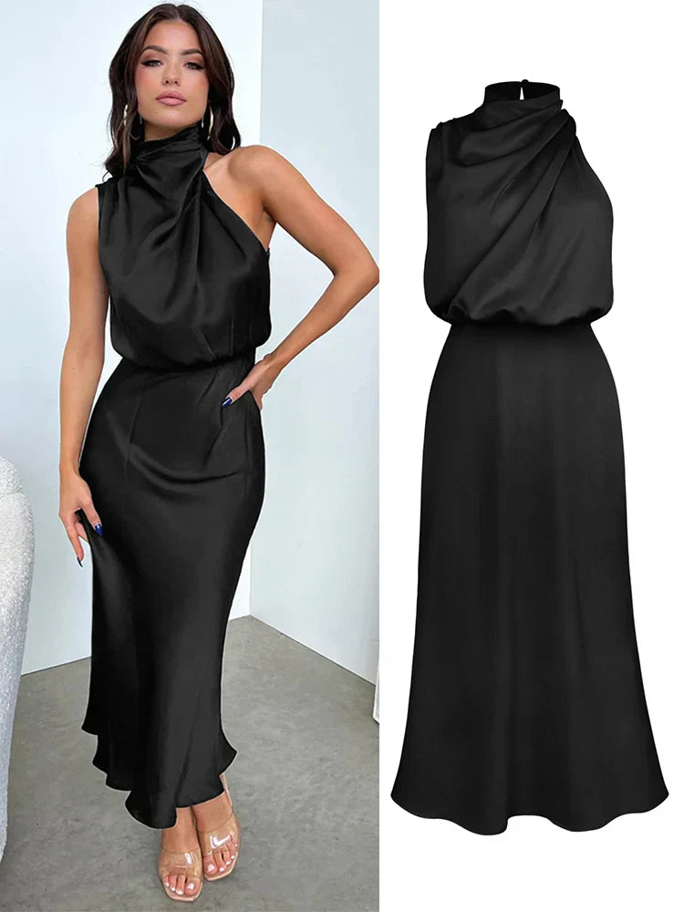 Camila - Vestido largo satinado con cuello drapeado para mujer