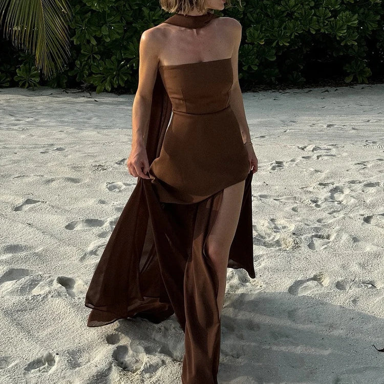 Elena - Vestido largo para mujer con abertura lateral y capa
