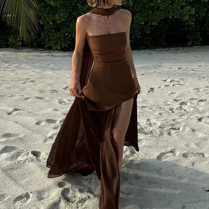 Elena - Vestido largo para mujer con abertura lateral y capa