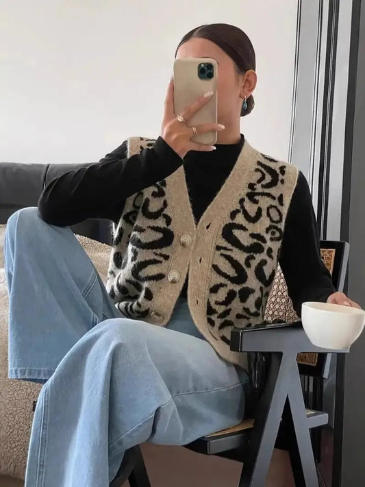Elena - Chaleco de punto con estampado animal para mujer