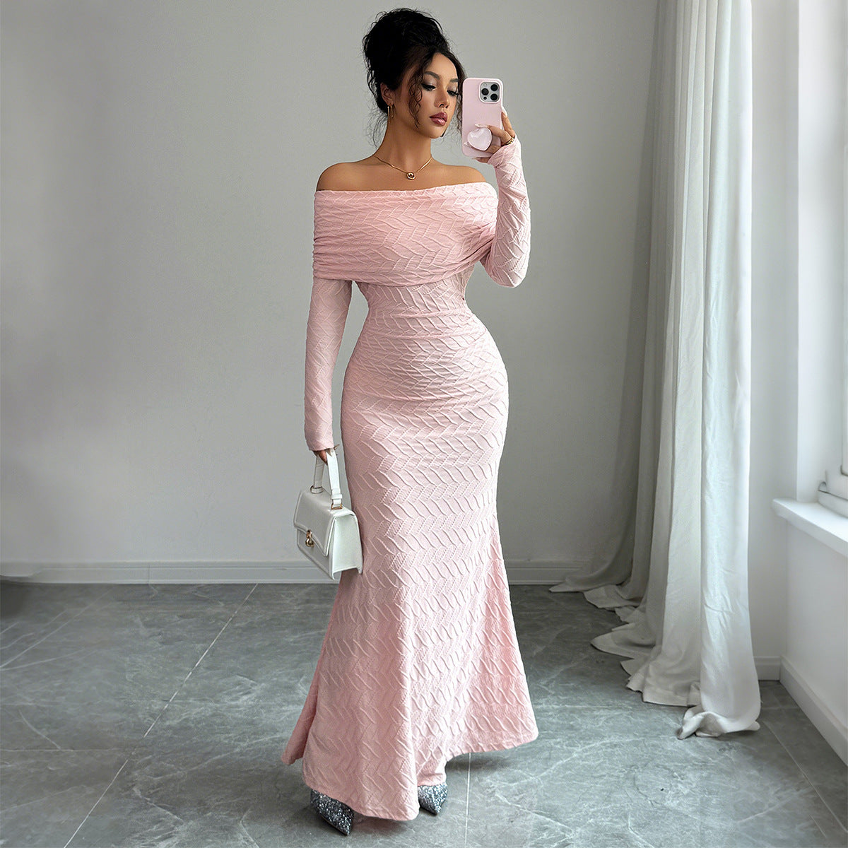 Daniela - Vestido largo de noche para mujer con hombros descubiertos