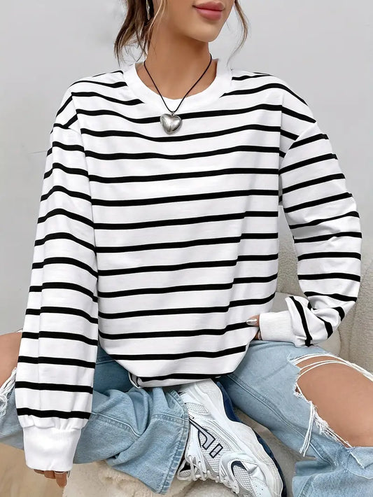 Marina - Camiseta de rayas blancas y negras de manga larga para mujer