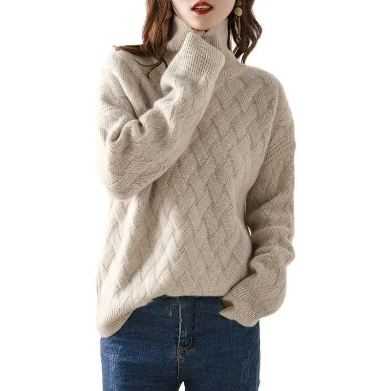 Alejandra - Suéter de mujer con cuello alto y diseño trenzado