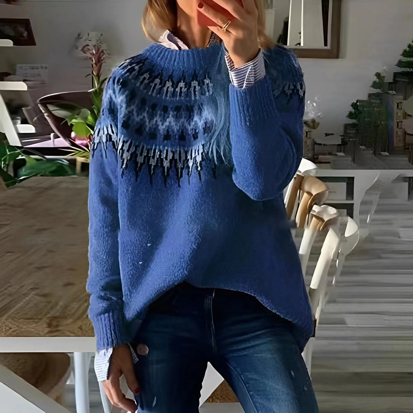 Clara - Suéter de punto nórdico para mujer cuello redondo