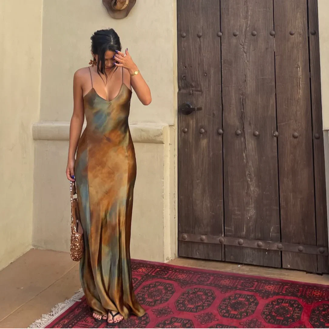 Camila - Vestido largo satinado de tirantes para mujer estilo tie-dye