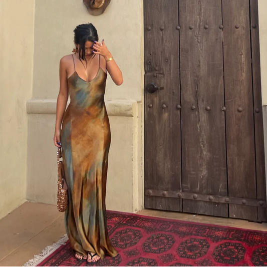Camila - Vestido largo satinado de tirantes para mujer estilo tie-dye