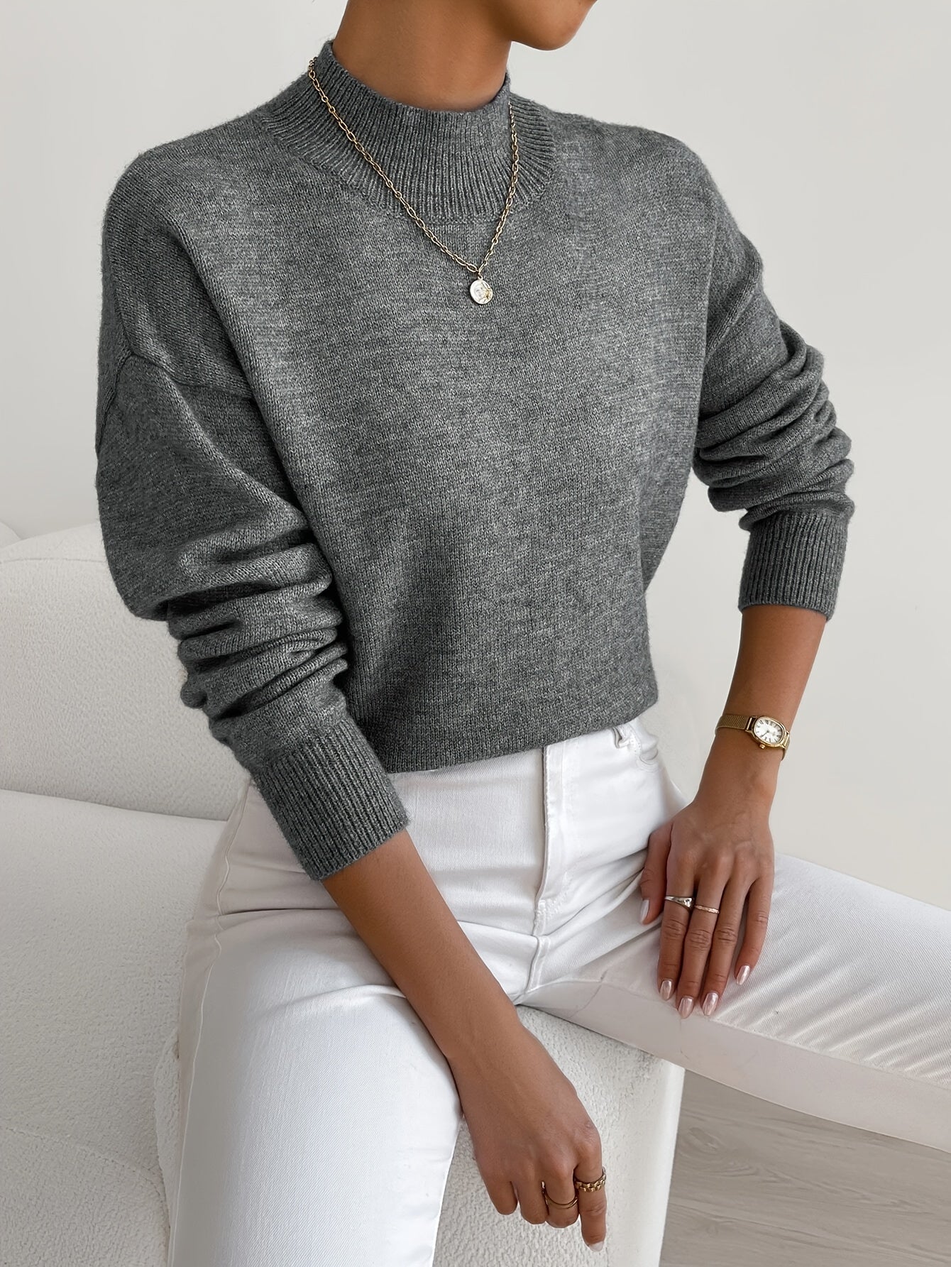 Lucía - Jersey de punto fino para mujer con cuello alto bajo