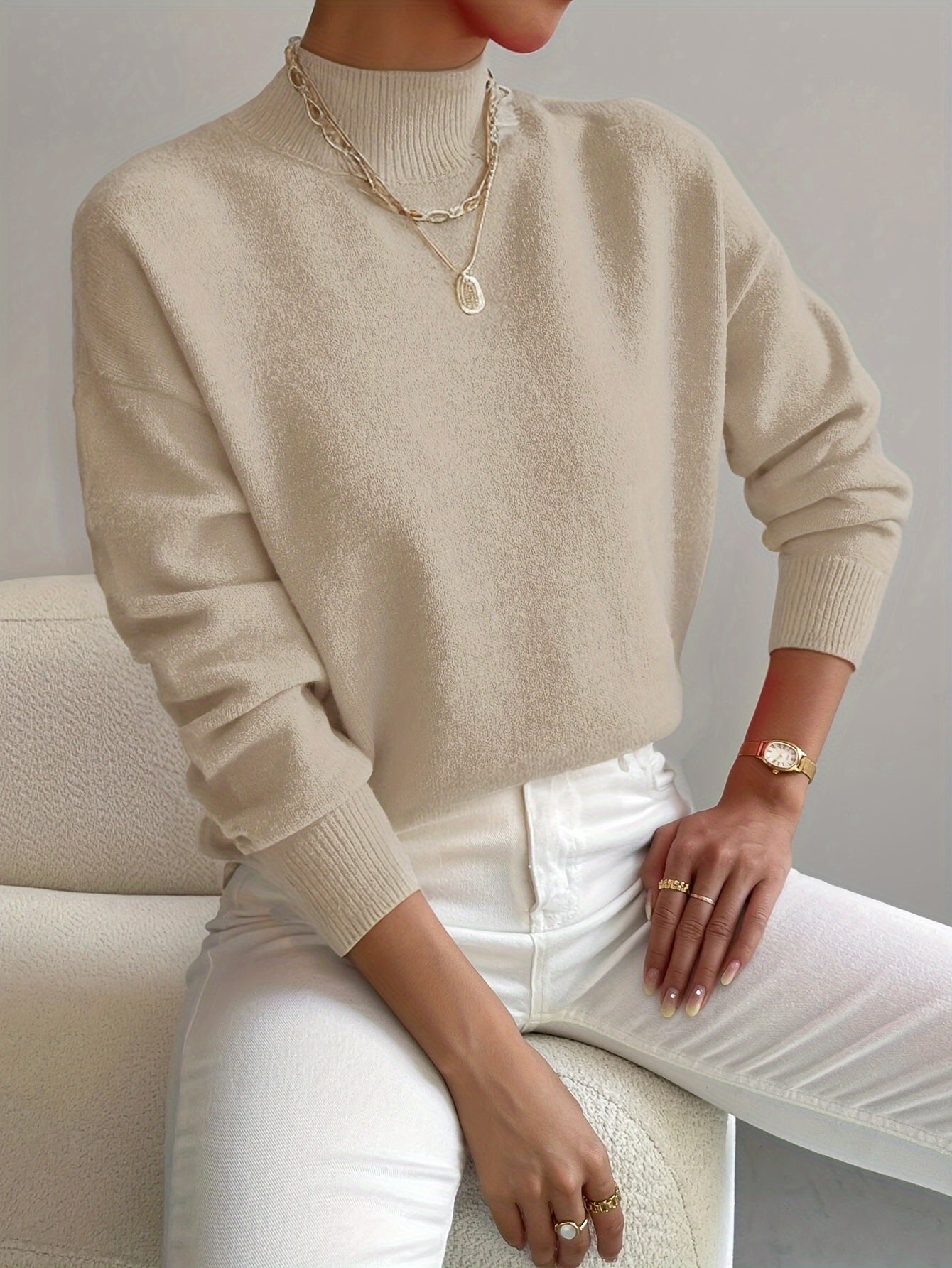 Lucía - Jersey de punto fino para mujer con cuello alto bajo