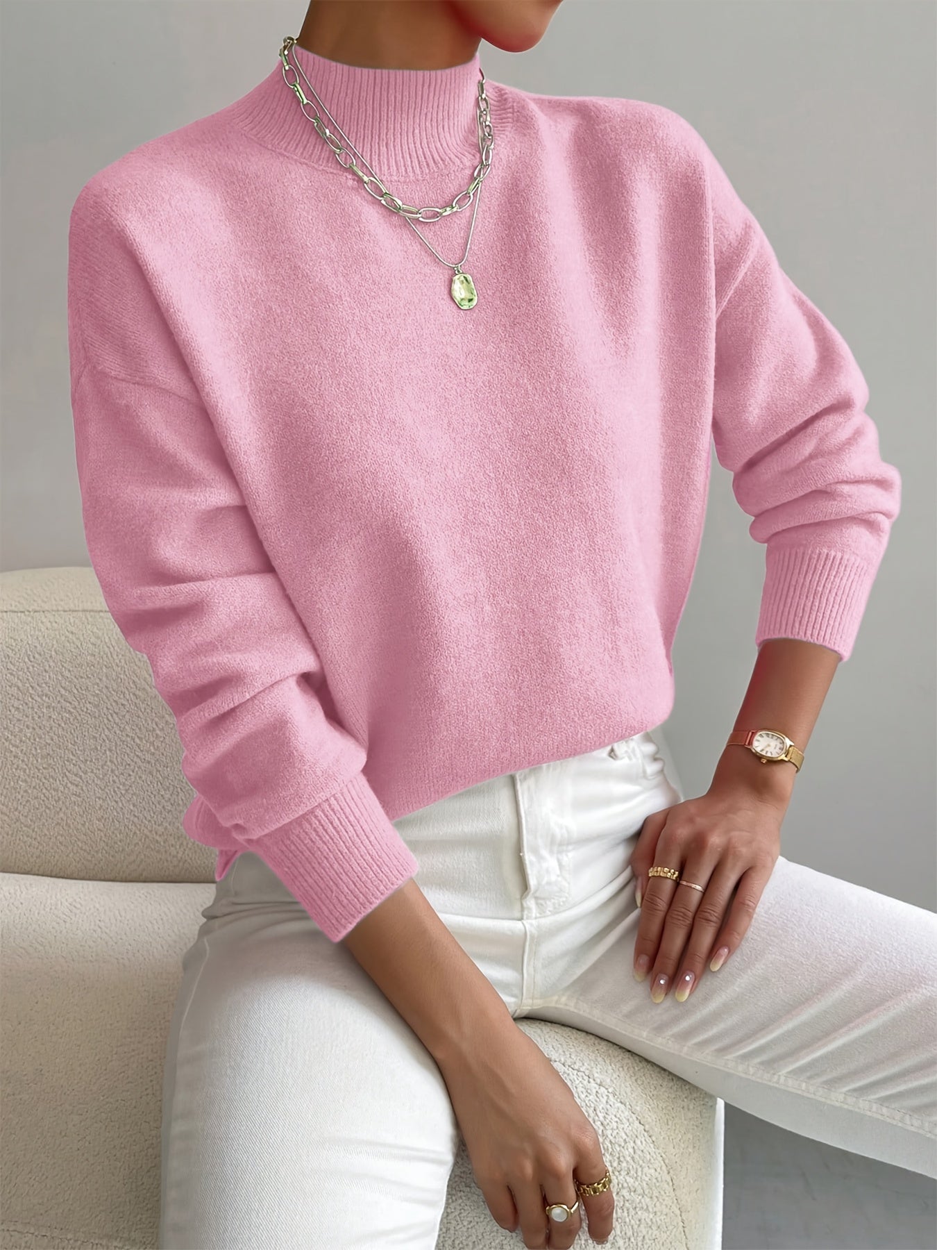 Lucía - Jersey de punto fino para mujer con cuello alto bajo