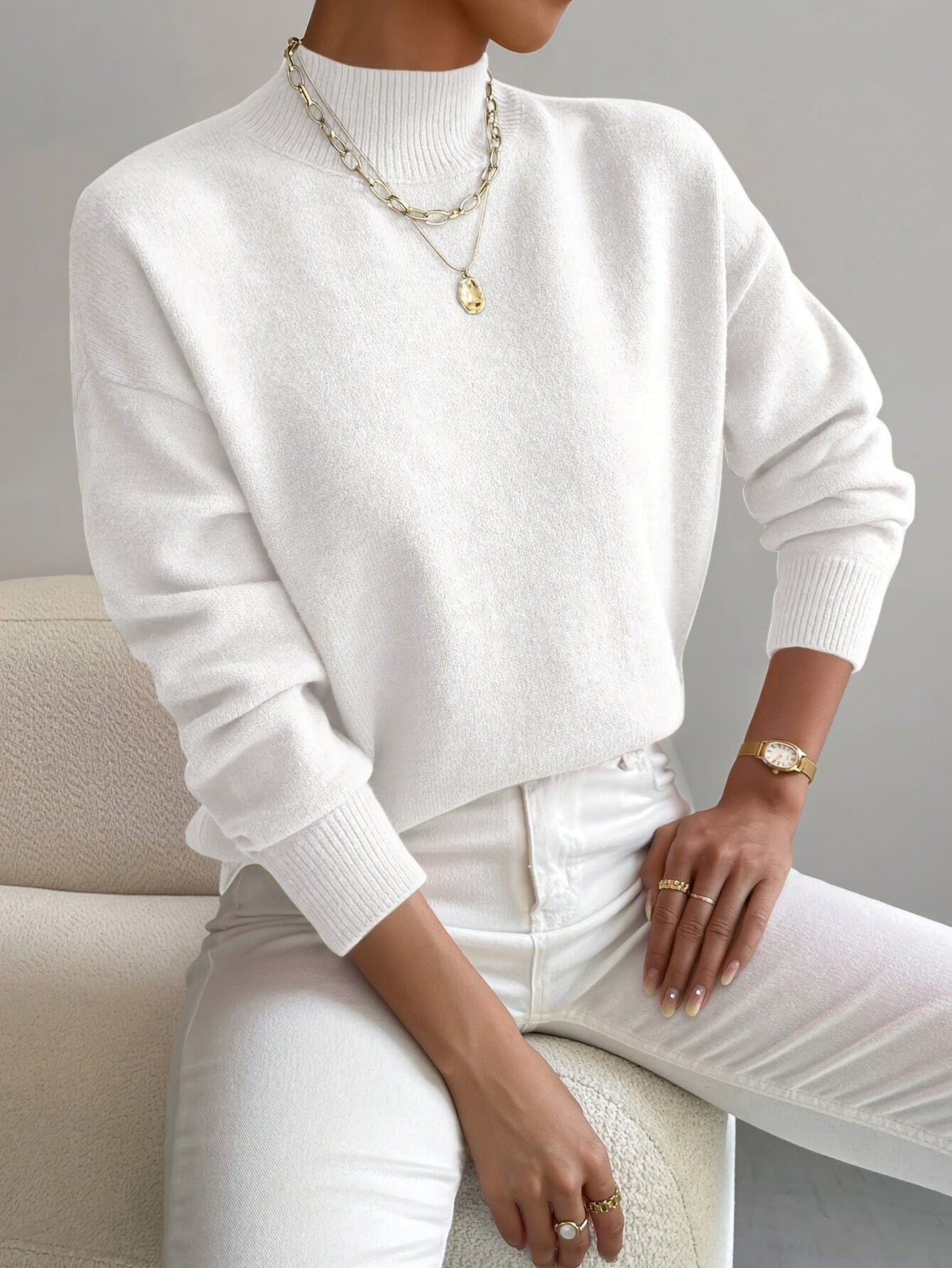 Lucía - Jersey de punto fino para mujer con cuello alto bajo