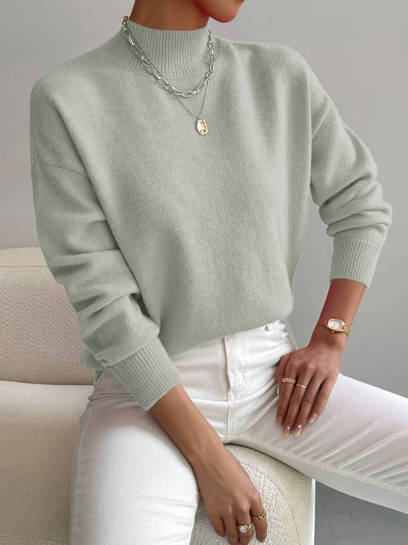 Lucía - Jersey de punto fino para mujer con cuello alto bajo